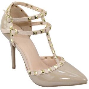 Gold Stud T Strap with 2 ankle strap nude heels